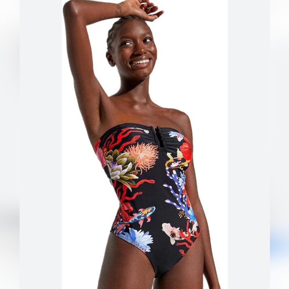 Gorgeous Desigual Aurora Halter One Piece Swimsuit Floral Koi Fish Beach Pool S